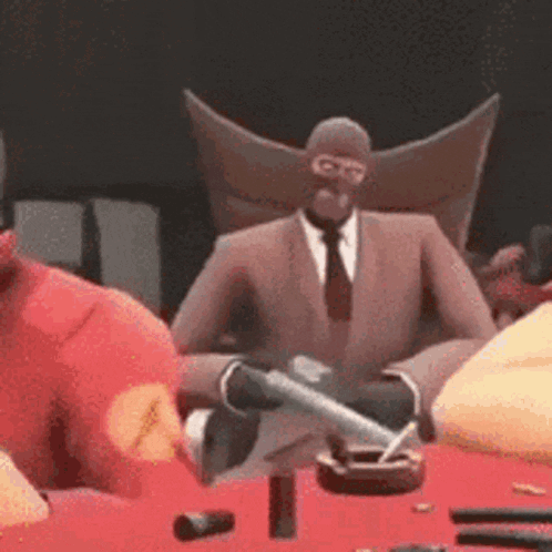 Cartoon Character Sitting At Table With Gun GIF