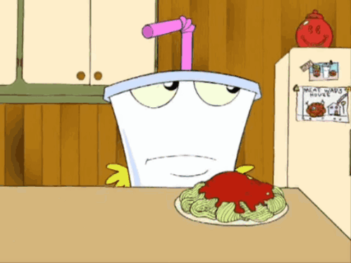 Cartoon Character Sitting at Table With Plate of Food
