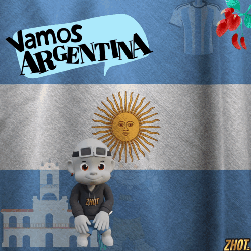 Cartoon Character Sitting Before Vamos Argentina Flag