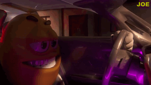 Cartoon Character Sitting in Car With Joe