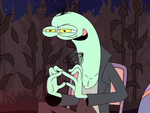 Cartoon Character Sitting in Chair with Hands Together