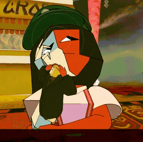Cartoon Character Sitting in Front of Grocery Store