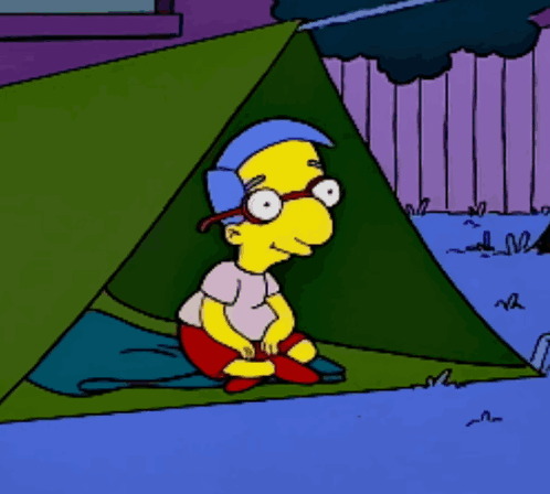 Cartoon Character Sitting in Tent with Glasses
