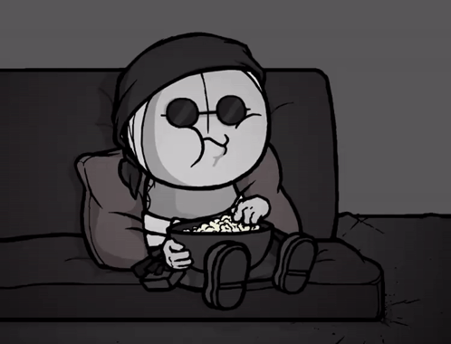 Cartoon Character Sitting on Couch Eating Popcorn