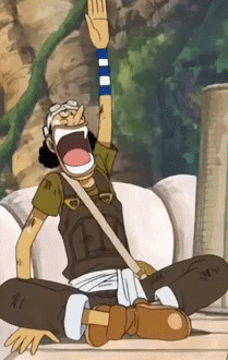 Cartoon Character Sitting With Mouth Open And Arm Raised GIF