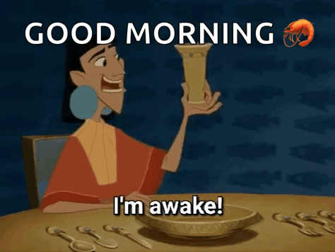 Cartoon Character Sitting with Vase Saying Good Morning