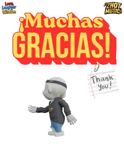 Cartoon Character Standing Before Muchas Gracias Sign