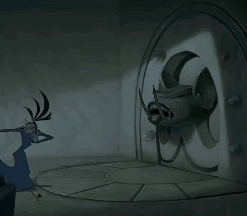 Cartoon Character Standing Before Skull Door