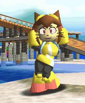 Cartoon Character Standing by Water and Bridge