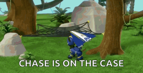 Cartoon Character Standing In Field Saying Chase Is On The Case GIF
