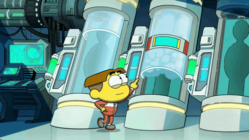 Cartoon Character Standing in Front of Cylinders With Eee