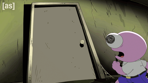 Cartoon Character Standing In Front Of Door Saying As GIF