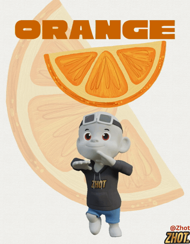 Cartoon Character Standing in Front of Orange Slice Saying Orange