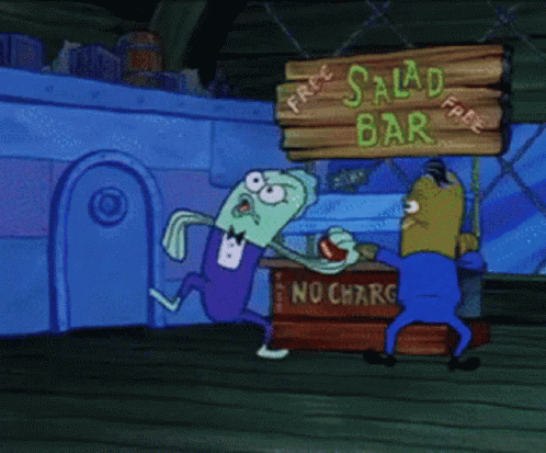 Cartoon Character Standing in Front of Salad Bar Sign