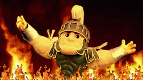 Cartoon Character Standing in Front of Wall of Flames