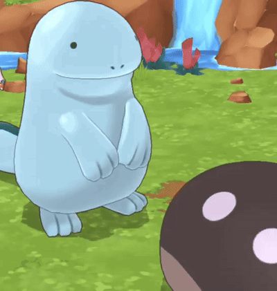 Cartoon Character Standing in Grass With Waterfall