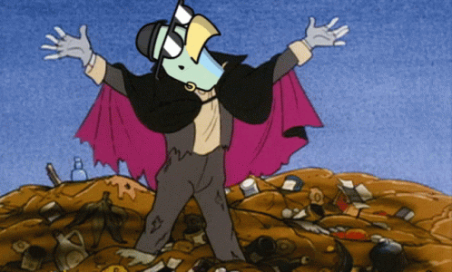 Cartoon Character Standing In Trash Pile Wearing Cape GIF