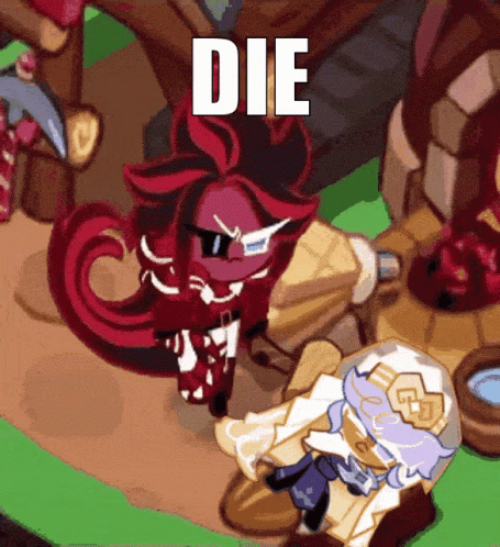 Cartoon Character Standing Next to Another With Word Die