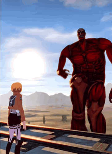 Cartoon Character Standing Next To Giant Monster GIF