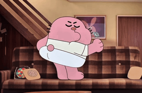 Cartoon Character Standing on Couch with Plaid Blanket