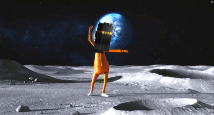 Cartoon Character Standing on Moon Holding Shield