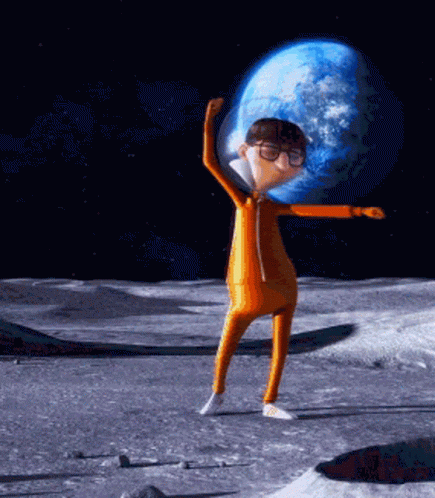 Cartoon Character Standing on Moon With Blue Planet