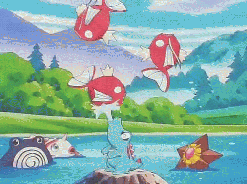 Cartoon Character Standing on Rock in Lake Surrounded by Fish