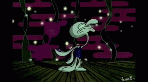 Cartoon Character Standing on Wooden Floor in Dark Room With Purple Flowers