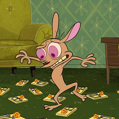 Cartoon Character Surrounded by Mouse Traps and Chair