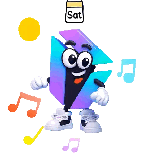 Cartoon Character Surrounded by Musical Notes and Saturday