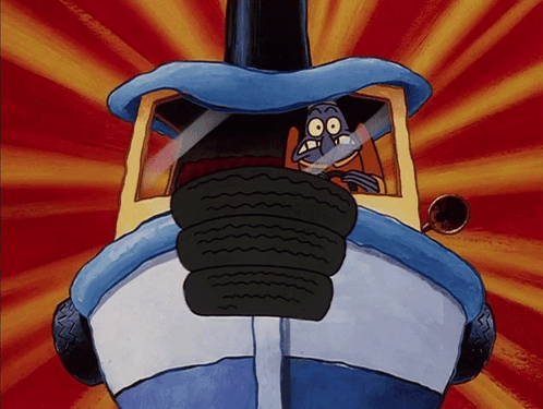 Cartoon Character Tied To Boat With Stack Of Tires GIF