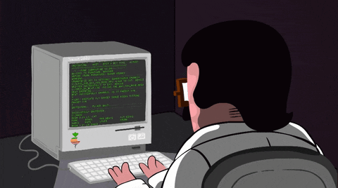 Cartoon Character Typing at Computer with Document on Screen