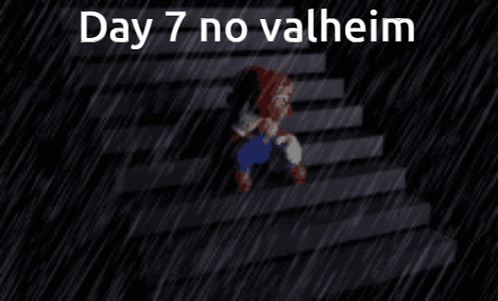 Cartoon Character Walking Down Stairs in Rain Day 7 No Valheim