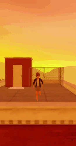Cartoon Character Walking on Rooftop at Sunset
