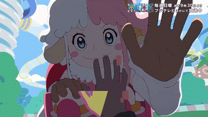 Cartoon Character Waving in Front of One Piece Sign