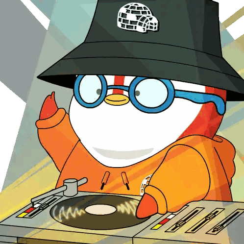 Cartoon Character Wearing Hat and Glasses Playing Record
