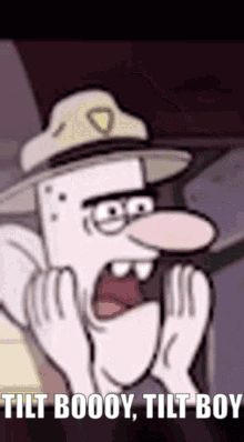 Cartoon Character Wearing Hat Saying Tilt Booy Tilt Boy