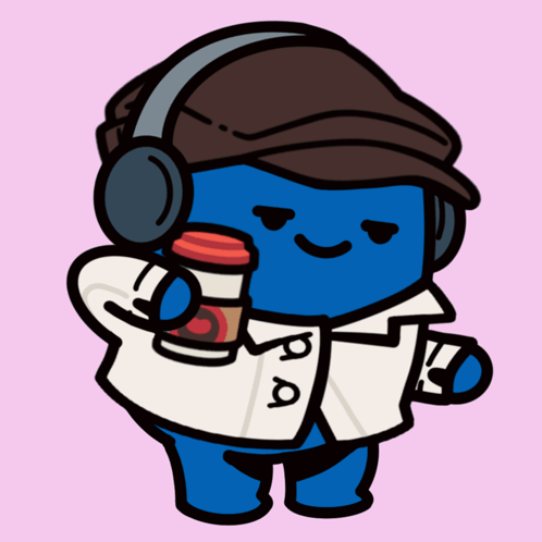 Cartoon Character Wearing Headphones and Holding Coffee Cup