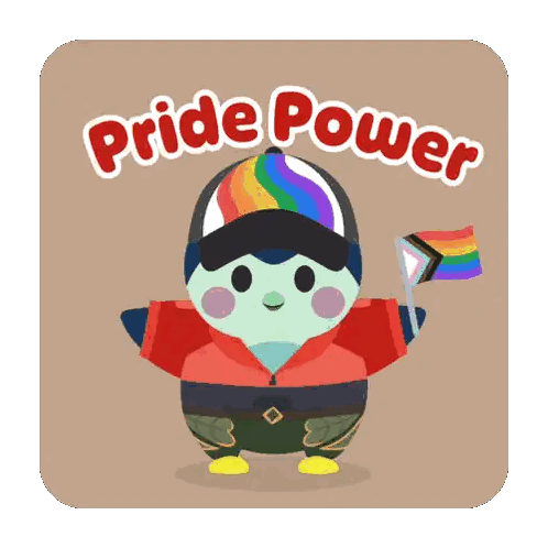 Cartoon Character Wearing Rainbow Hat and Holding Flag Says Pride Power