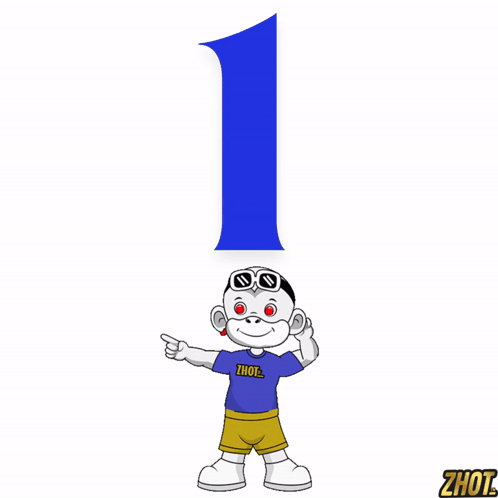 Cartoon Character Wearing Zhot Shirt In Front Of Number One GIF
