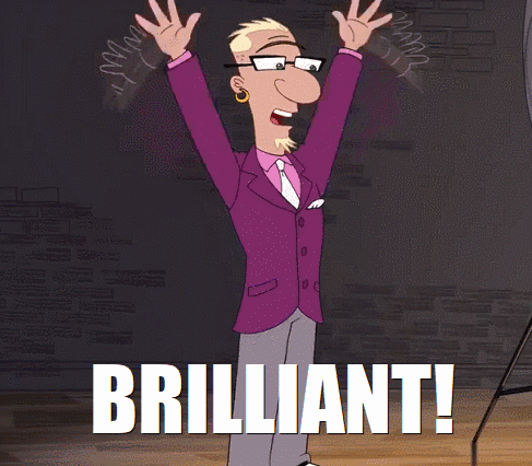 Cartoon Character with Arms Up Saying Brilliant
