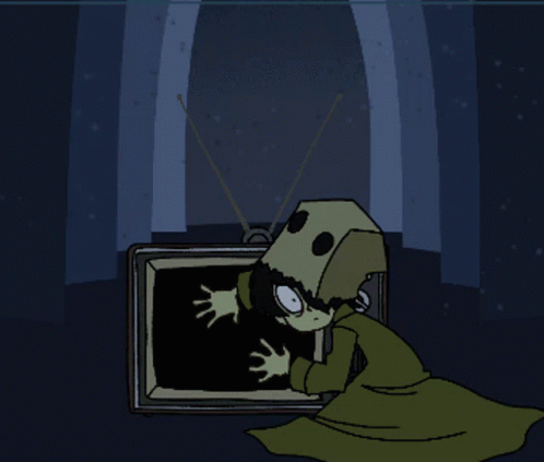 Cartoon Character With Bag on Head Watching TV