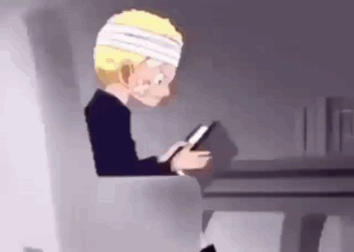 Cartoon Character With Bandage On Head Looking At Phone GIF