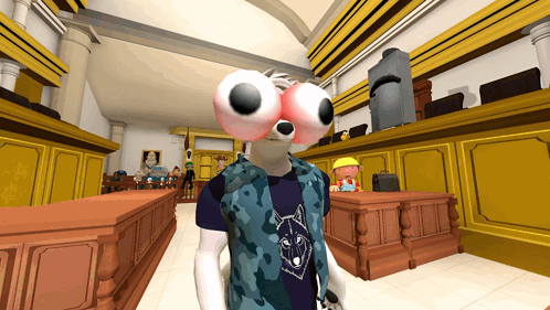 Cartoon Character with Big Eyes in Courtroom