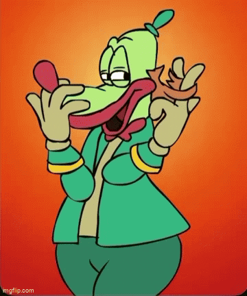 Cartoon Character with Big Mouth Holding Red Object