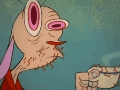 Cartoon Character With Big Pink Eyes Smiling And Pointing GIF