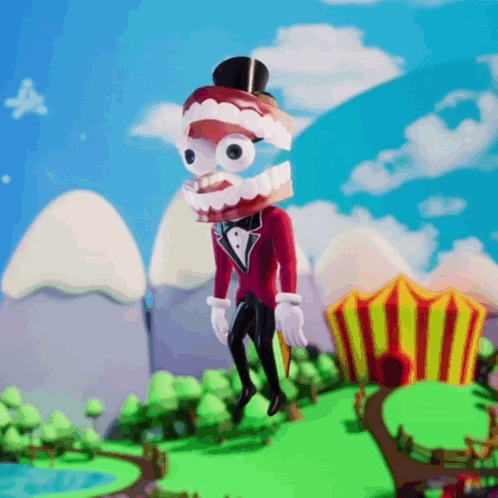 Cartoon Character With Big Teeth And Top Hat At Carnival Tent GIF