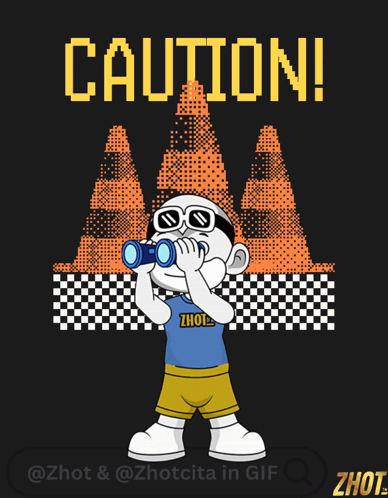 Cartoon Character With Binoculars and Caution