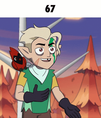 Cartoon Character With Bird on Shoulder and 67
