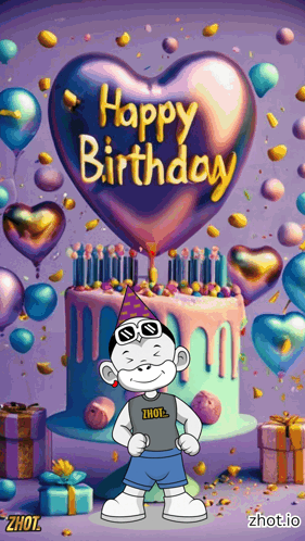 Cartoon Character With Birthday Cake and Heart Balloon Saying Happy Birthday